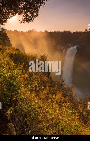 The sun rises over Devils Cataract, Victoria Falls Zimbabwe. Stock Photo