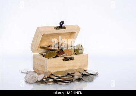 Inner lid with gold coin, white background Isolate The concept of treasure and value for money. Stock Photo