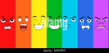 Set of seven faces expressing different emotions in a rainbow pattern Stock Photo