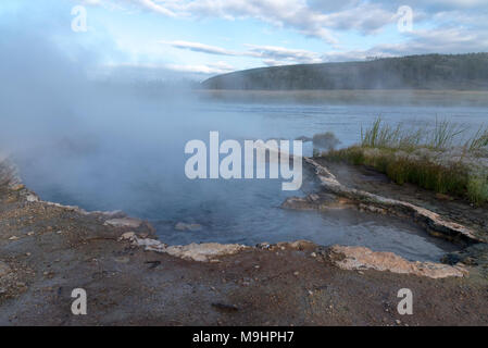 Steam coming off of hot river water, near bank. Stock Photo