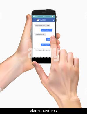 Realistic Hand holding mobile phone isolated on white background. Social network concept of Chatting and messaging. SMS messages sending window Stock Vector