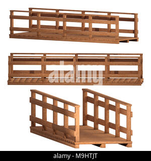 Set of wooden bridges isolated on white, 3d render. Stock Photo