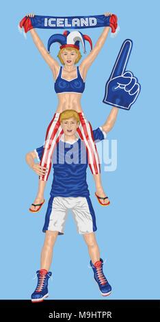 Icelander Fans Supporting Iceland Team with Scarf and Foam Finger. All the objects are in different layers and the text types do not need any font. Stock Vector