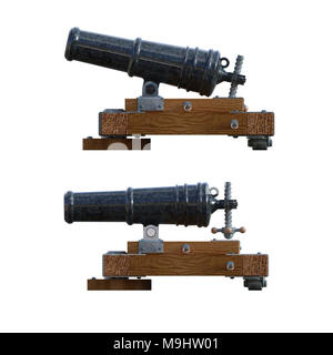 Pair of old military cannons isolated on white, 3d render. Stock Photo