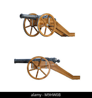 Pair of old military cannons isolated on white, 3d render. Stock Photo