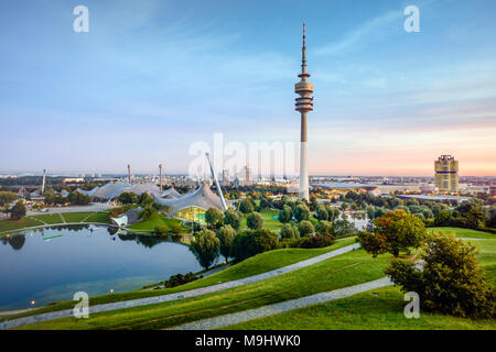 Olympiapark (Olympic Park) with Olympiaturm (TV Tower) at dusk, Munich, Bavaria, Germany, Europe Stock Photo