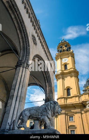 Hall of the Comanders with sculpture of a lion in front of Theatiner Church St. Kajetan, publicGround, Munich, Bavaria, Germany, Europe Stock Photo