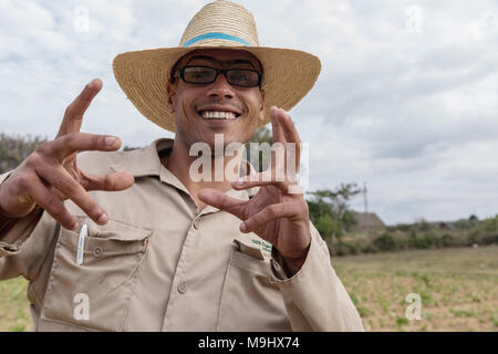 VINALES, CUBA - MARCH 14, 2018. Cuban man with a white hat on and glasses a tobacco farm.. Vinales Cuba. Stock Photo