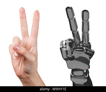 Human and robotic hand together. 3d rendering. Stock Photo