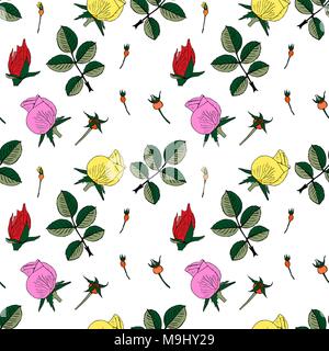 buds of red, pink and yellow roses with green leaves isolated on white background, seamless repeating pattern Stock Vector
