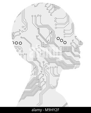 Silhouette of woman with motherboard texture. Stock Photo