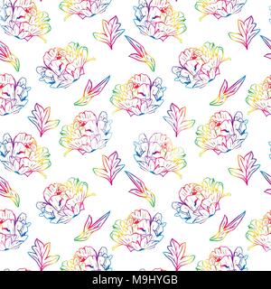 blossoming peony with leafs, seamless pattern isolated on white background Stock Vector