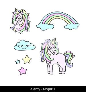 Unicorn, rainbow, clouds, stars, magic fancy design vector element set Stock Vector