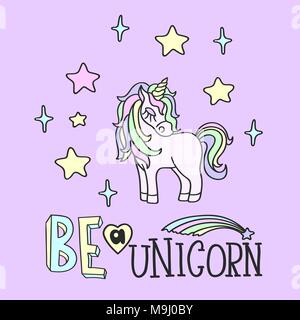 Pink unicorn, rainbow, comet and stars with Be a unicorn lettering Stock Vector