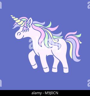 Walking pink unicorn with yellow horn icon on the blue background Stock Vector