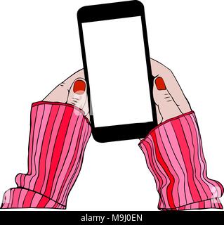 two female hands in a striped pink sweater are holding a black mobile phone with an empty white screen, top view Stock Vector