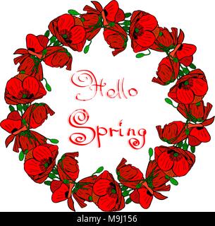 wreath of red blossoming poppies, green unblown buds, inside inscription hello spring Stock Vector