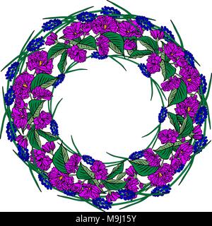 wreath of purple sakura flowers and blue spring flowers, empty space in the middle, isolated on white background Stock Vector