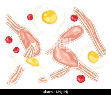 an illustration of bacon rashers fried eggs and tomatoes scattered on a white background Stock Vector