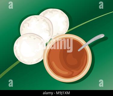 a vector illustration in eps 10 format of a traditional South Indian breakfast with idly and sambar on a green banana leaf Stock Vector