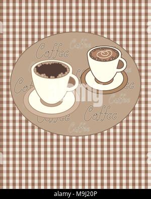 an illustration of a vintage coffee poster with brown gingham background and two stylized coffee cups with space for text Stock Vector