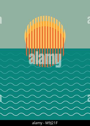 Minimalist Beautiful Sunset Over Ocean Vector Illustration Stock Vector