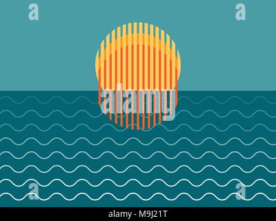 Minimalist Beautiful Sunset Over Ocean Vector Illustration Stock Vector