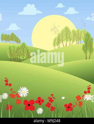 a vector illustration in eps 10 format of a rural summer morning with rolling hills wildflowers and trees with a big yellow sun Stock Vector