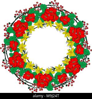 wreath of red peonies, yellow daffodils and green leaves isolated on white background, empty space in the middle Stock Vector