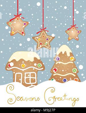 an illustration of a festive christmas scene made out of gingerbread with a house tree and stars and seasons greetings written in the snow Stock Vector