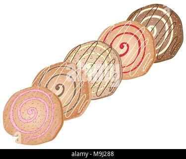 an illustration of freshly baked danish pastries in different flavors isolated on a white background Stock Vector