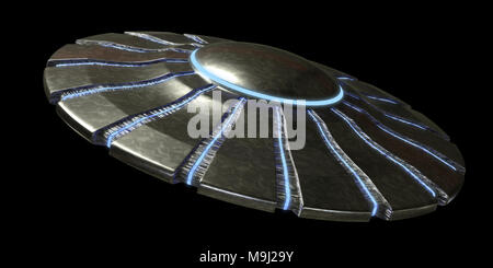 UFO, alien spaceship encounter,  extraterrestrial visitors with flying saucer (3d space rendering isolated on black background) Stock Photo