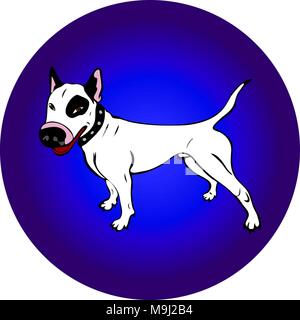 hand-painted white English bull terrier dog, contour drawing in cartoon style on a blue background Stock Photo