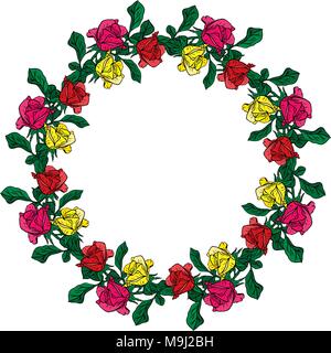 wreath of red, yellow and pink roses with green leaves isolated on white background, empty space in the middle Stock Vector