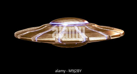 UFO, golden alien spaceship, extraterrestrial visitors with flying saucer (3d science fiction space render isolated on black background) Stock Photo