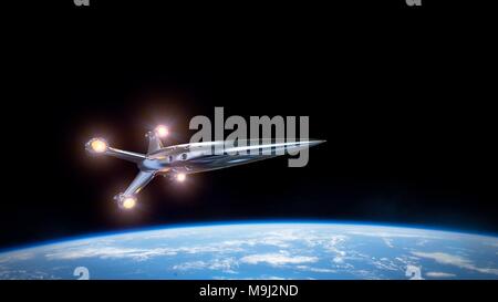 spaceship leaving planet Earth, spacecraft approaching orbit Stock Photo