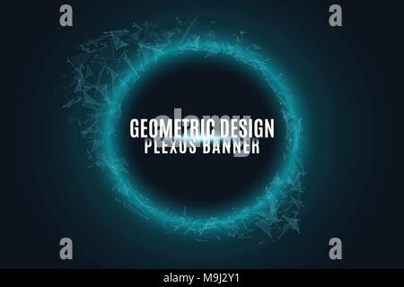 Geometric glowing banner of flying geometric particles on a black background. United triangular figures and atoms. Scientific background for your desi Stock Vector