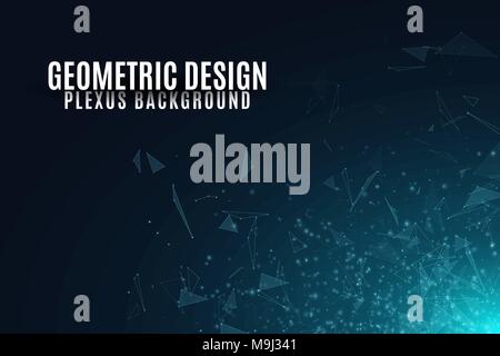 Abstract background of flying geometric particles on a dark background. Connected triangles and luminous dust. Scientific background for your design.  Stock Vector