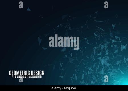 Flying geometric particles on a dark background. Glowing connected triangles. Plexus. Scientific background for your design. Vector illustration. EPS  Stock Vector