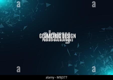 Abstract background of flying geometric particles on a dark background. Glowing connected triangles. Plexus. Scientific background for your design. Ve Stock Vector