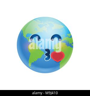 Cartoon Earth Face Blowing Kiss Icon Funny Planet Emotion Stock Vector