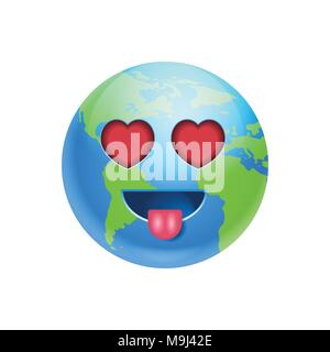 Cartoon Earth Face Lovely Heart Shaped Eyes Icon Funny Planet Emotion Stock Vector