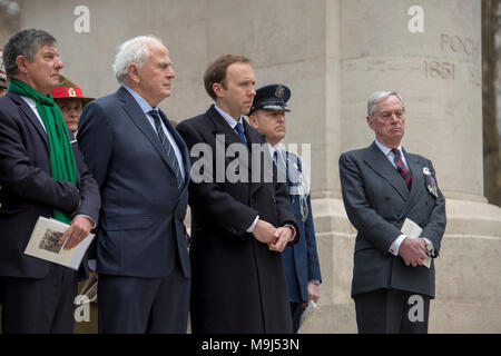 Lt-Col Eric Becourt-Foch (second left), great-grandson of Marshal Ferdinand Foch, Lord Astor of Hever (right), grandson of Field Marshal Douglas Haig, and Culture Secretary Matt Hancock (centre) attend a commemoration event in Westminster, London, marking the centenary of the appointment of Marshal Foch as Supreme Allied Commander of the Allied armies on the Western Front in the First World War. Stock Photo