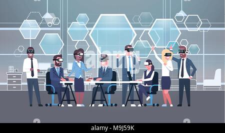 Business People Group Wearing Vr Headset During Brainstorming, Team In 3d Glasses On Meeting Virtual Reality Technology Concept Stock Vector