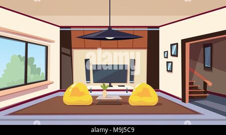 Modern Living Room Interior With Bean Bag Chairs And And Big Led Televison Set On Wall Home Cinema Stock Vector