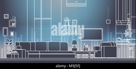 Virtual Living Room Interior With Couch And Led Televison Set On Wall Thin Line Vr Technology Stock Vector