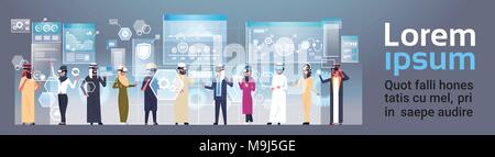 Arab Businesspeople Group In 3d Glasses Using Futuristic User Interface Virtual Reality Technology Concept Horizontal Banner With Copy Space Stock Vector