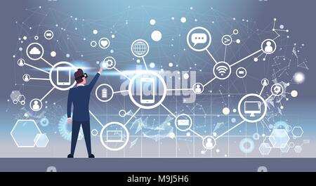 Back Rear View Of Businessman In 3d Glasses Using Futuristic Interface With Social Network Connections Icons Virtual Reality Technology Concept Stock Vector