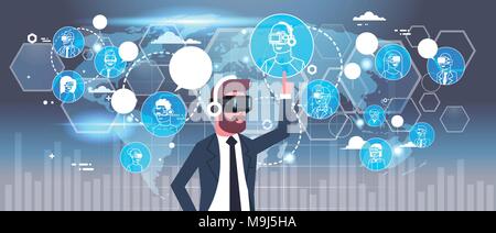 Businessman In 3d Glasses Using Futuristic Interface With Network Connections Over World Map Background Virtual Reality Technology Concept Stock Vector