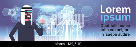Muslim Business Man In 3d Hearset Using Digital Interface With World Map Background Virtual Reality Innovation Concept Stock Vector